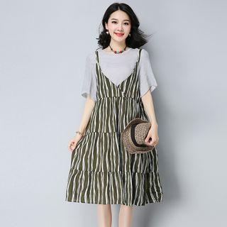 Set: Short-sleeve Top + Striped Tiered Dress
