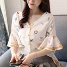 Printed V-neck Bell-sleeve Blouse