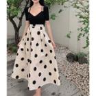 Short-sleeve Plain Top / Dot Print Midi Skirt
