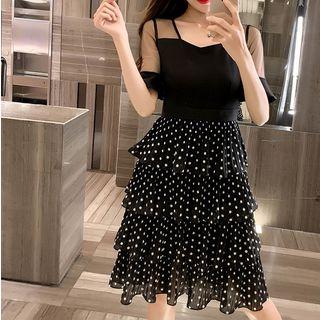 Short-sleeve Dotted Panel Tiered A-line Dress
