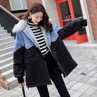 Furry Collared Denim Trench Coat