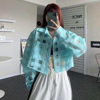 Plaid Crop Shirt Jacket Aqua Blue - One Size