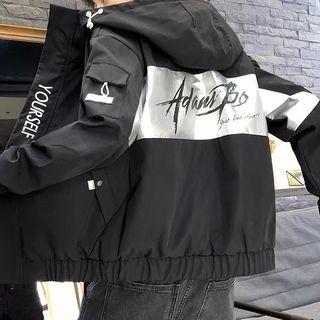 Embroidered Print Panel Hooded Zip Jacket