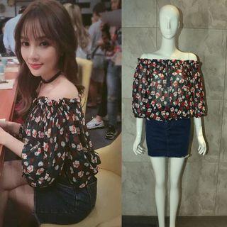 Set: Off-shoulder Chiffon Top + Denim Skirt