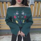 Off Shoulder Embroidered Long-sleeve T-shirt