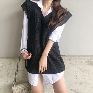 Cap-sleeve V-neck Knit Top / Long Shirt