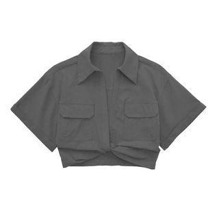 Short-sleeve Collar Knotted Crop Shirt
