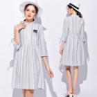 Embroidered Striped 3/4-sleeve A-line Dress