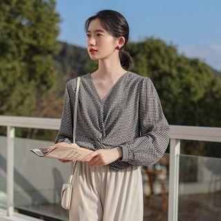 Gingham Twist V-neck Long-sleeve Blouse Gingham - Black & White - One Size