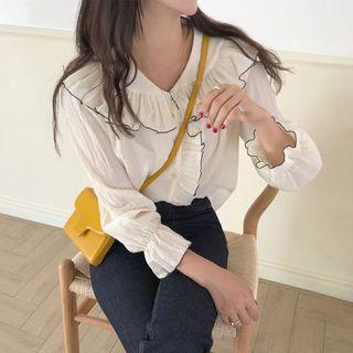 Contrast Trim Ruffled Bell-sleeve Blouse