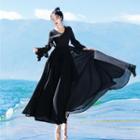Long-sleeve Lace Panel Chiffon Midi Sun Dress