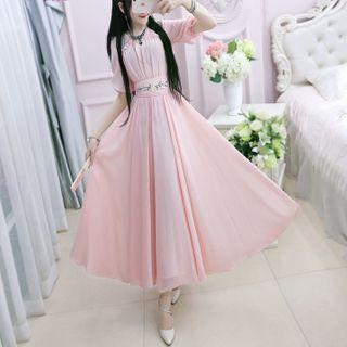 Short-sleeve Floral Embroidery Midi Dress Pink - L