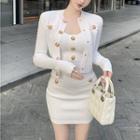 U-neck Button-accent Crop Tank Top / Long Sleeve Crewneck Button-up Cardigan / High Waist Mini Skirt
