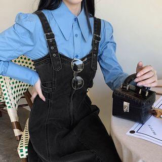Plain Long-sleeve Shirt / Denim Midi A-line Pinafore Dress