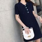 Short-sleeve Embellished Mini Shift Knit Polo Dress