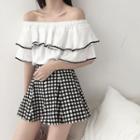 Flounced Off-shoulder Elbow-sleeve Top / Check A-line Skirt