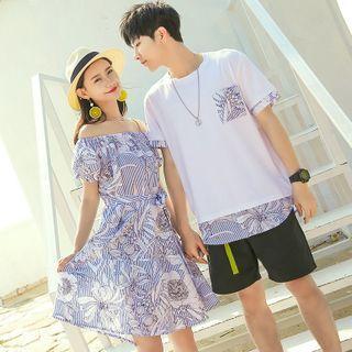 Couple Matching Set: Short-sleeve Off-shoulder Floral Print Dress + T-shirt