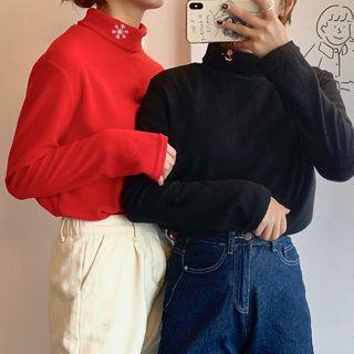High-neck Embroidered Fleece Top
