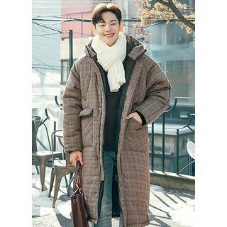 Hooded Glen-plaid Long Padded Coat