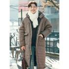 Hooded Glen-plaid Long Padded Coat