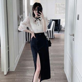 Set: Elbow-sleeve Blouse + Slit Midi Fitted Skirt