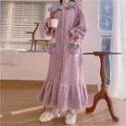 Oversized Fleece Color Panel Long-sleeve Sleep Dress Purple - One Size