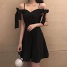 Off-shoulder Lace-up Plain Dress