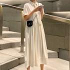 Short-sleeve Plain Maxi Dress With Tie Almond - One Size
