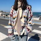 Long-sleeve Plaid Loose-fit Sweater White - One Size