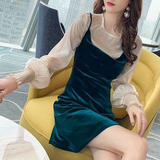 Set: Plain Blouse + Velvet Pinafore Dress
