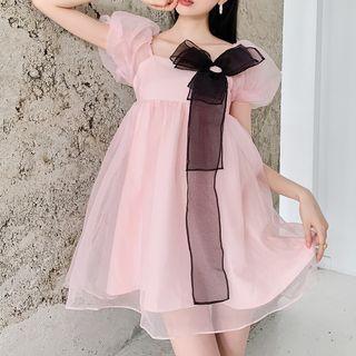 Puff-sleeve Ribbon Mesh Mini A-line Dress