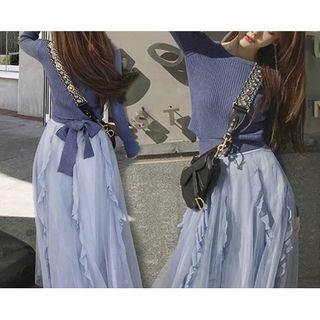 Tie-waist Sweater / Ruffled Midi A-line Mesh Skirt / Set