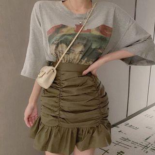 Print Loose-fit Long T-shirt / Mermaid A-line Skirt