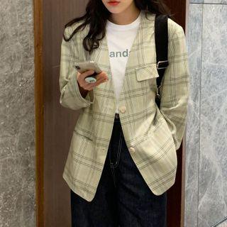 Lapelless Plaid Blazer Beige - One Size