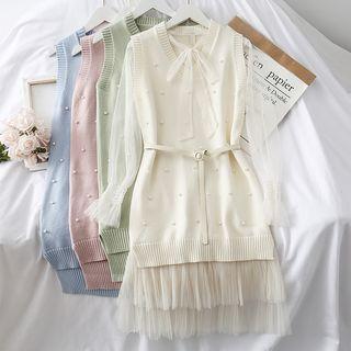 Set: Faux-pearl Knit Vest + Ribbon-neckline Mesh Dress