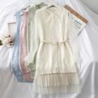 Set: Faux-pearl Knit Vest + Ribbon-neckline Mesh Dress