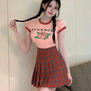 Cropped Cardigan / Short-sleeve Graphic Print T-shirt / Plaid Pleated Mini A-line Skirt