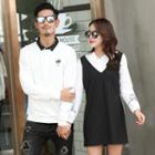 Couple Matching Embroidered Pullover / Mock Two-piece Striped Long-sleeve A-line Dress