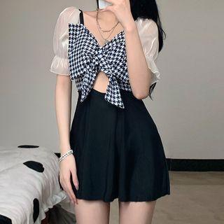Short-sleeve Houndstooth Bow Swimdress