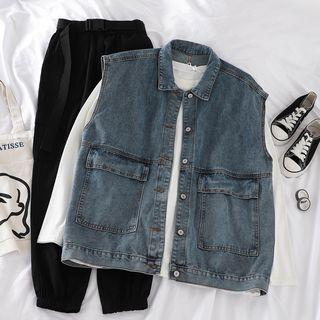 Sleeveless Denim Vest / Long-sleeve Plain Tee / High-waist Cargo Pants