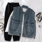 Sleeveless Denim Vest / Long-sleeve Plain Tee / High-waist Cargo Pants