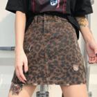 Leopard Print Denim Mini A-line Skirt