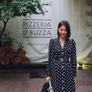 Polka-dot Long Flare Dress With Belt Black - One Size