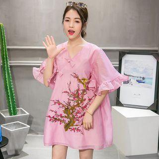 Embroidered Mandarin Collared Elbow Sleeve Dress
