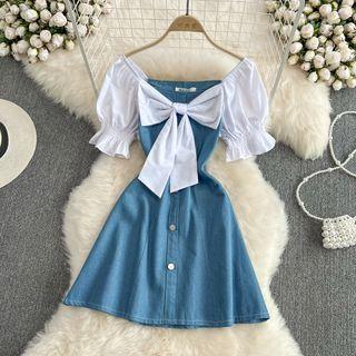 Short Sleeve Bow Detail Denim Panel A-line Dress /long Sleeve