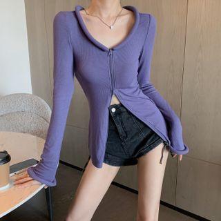Long-sleeve Plain Zipper Knit Top