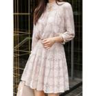Frill-neck Shirred Lace Dress