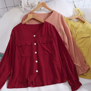 V-neck Plain Long-sleeve Pocket Blouse