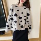 Long-sleeve Heart Printed Sweater / High-waist Knit Skirt