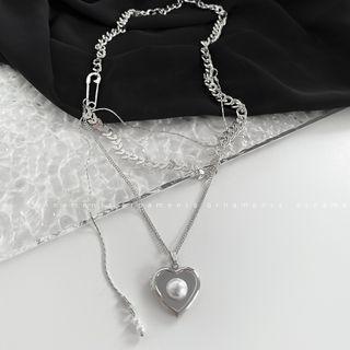 Heart Faux Pearl Pendant Alloy Necklace Heart Faux Pearl Pendant Alloy Necklace - One Size